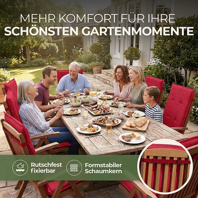 BI International Sitzauflage Florence Hochlehner Auflage - Hochlehner Gartenstühle, 6 Stk., L x B x H: 150 x 50 x 5 cm, Mischgewebe 65% Polyester, 35% Baumwolle, Rot - Rote Sitzkissen auf Holz-Gartenstühlen bieten Komfort beim Essen im Freien. Rutschfest und mit formstabilem Schaumkern.