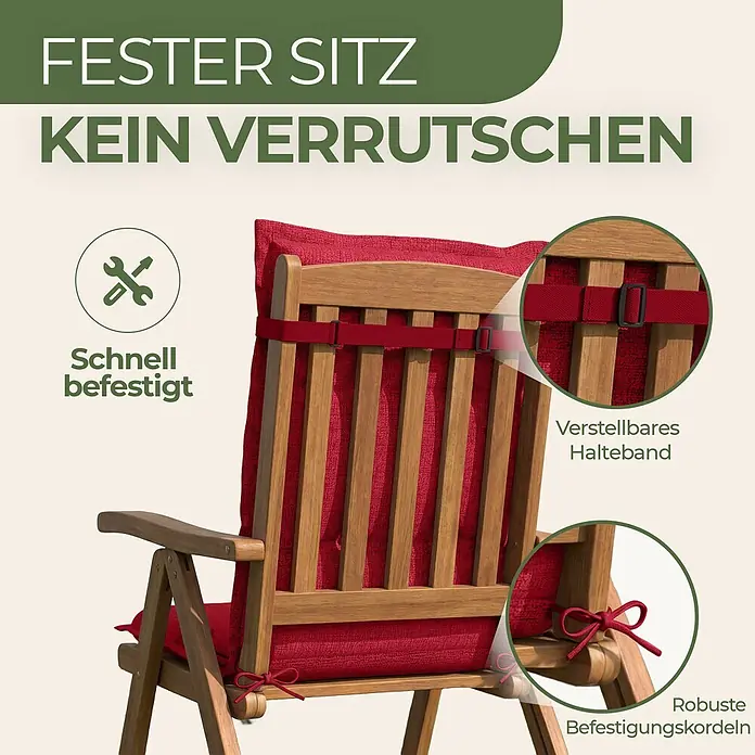 BI International Sitzauflage Florence Hochlehner Auflage - Hochlehner Gartenstühle, 6 Stk., L x B x H: 150 x 50 x 5 cm, Mischgewebe 65% Polyester, 35% Baumwolle, Rot - Rotes Stuhlkissen mit verstellbarem Halteband und robusten Befestigungskordeln, an Holzstuhl befestigt.