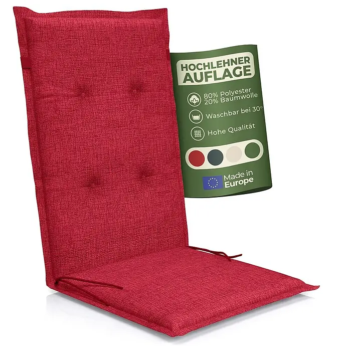 BI International Sitzauflage Florence Hochlehner Auflage - Hochlehner Gartenstühle, 6 Stk., L x B x H: 150 x 50 x 5 cm, Mischgewebe 65% Polyester, 35% Baumwolle, Rot - Rote strukturierte Hochlehner-Stuhlauflage mit Bändern und Produktetikett mit Material- und Pflegehinweisen.
