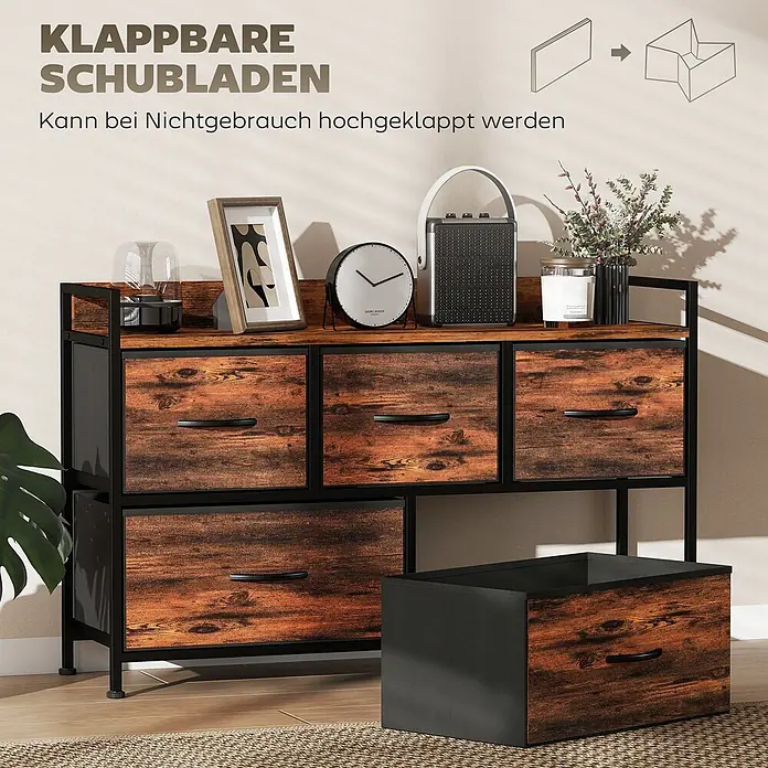 Homcom Kommode 1-teilig - Rustikal braun, Anzahl Schubladen: 5 Stk. - Rustikaler braun-schwarzer Kommodenschrank mit Stoffschubladen, eine davon zusammengeklappt daneben.