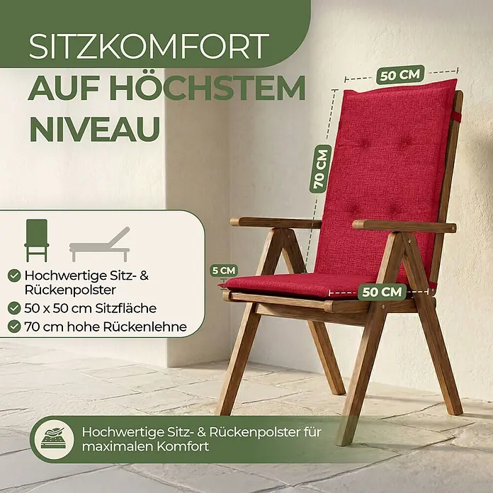 BI International Sitzauflage Florence Hochlehner Auflage - Hochlehner Gartenstühle, 6 Stk., L x B x H: 150 x 50 x 5 cm, Mischgewebe 65% Polyester, 35% Baumwolle, Rot - Rotes Sitz- und Rückenpolster mit Maßen 50x50 cm Sitzfläche und 70 cm hoher Rückenlehne auf einem Holzstuhl.