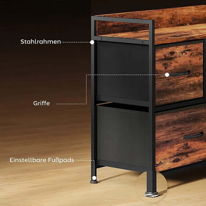 Homcom Kommode 1-teilig - Rustikal braun, Anzahl Schubladen: 5 Stk. - Industrielle Kommode mit schwarzem Stahlrahmen, Holzoptikplatten, schwarzen Stoffschubladen, dunklen Griffen und verstellbaren Füßen.