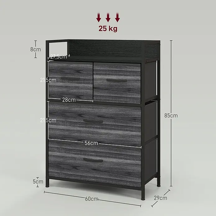Homcom Kommode 1-teilig - L x B x H: 60 x 29 x 85 cm, Schwarz, grau, Anzahl Schubladen: 4 Stk. - Dunkelgraue Kommode mit Stoffschubladen und schwarzem Metallrahmen, 2 kleine, 2 große Schubladen, inklusive Maße.