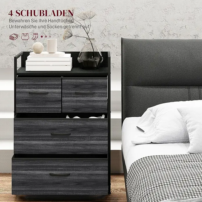 Homcom Kommode 1-teilig - L x B x H: 60 x 29 x 85 cm, Schwarz, grau, Anzahl Schubladen: 4 Stk. - Dunkle Kommode mit 4 Schubladen (2 klein, 2 groß) zur Aufbewahrung von Handtüchern, Unterwäsche und Socken, neben einem Bett.