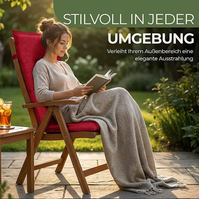 BI International Sitzauflage Florence Hochlehner Auflage - Hochlehner Gartenstühle, 6 Stk., L x B x H: 150 x 50 x 5 cm, Mischgewebe 65% Polyester, 35% Baumwolle, Rot - Ein Holz-Gartenstuhl mit roten Kissen, verwendet im Freien mit einer Decke.