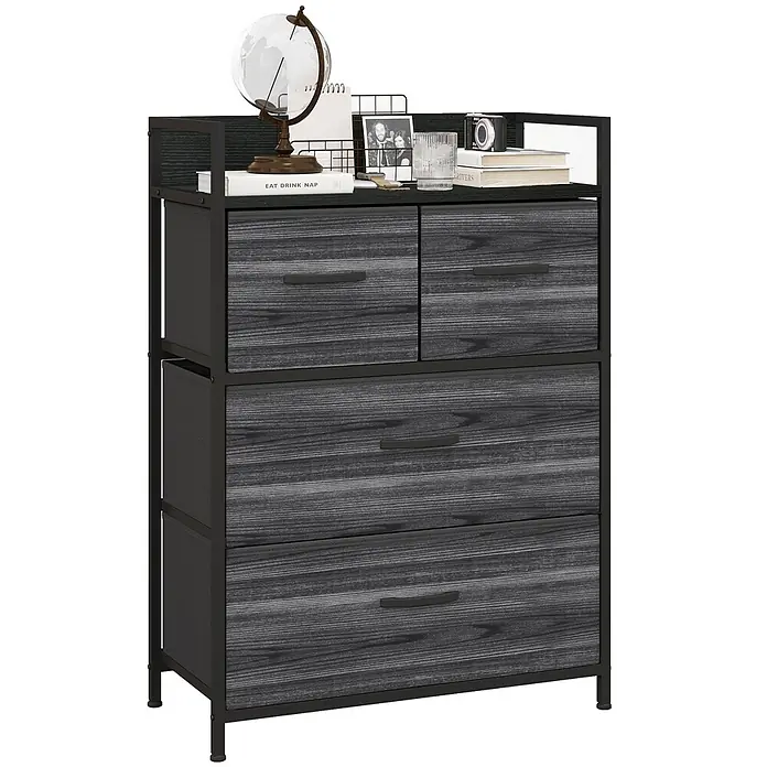 Homcom Kommode 1-teilig - L x B x H: 60 x 29 x 85 cm, Schwarz, grau, Anzahl Schubladen: 4 Stk. - Dunkelgraue Stoffkommode mit schwarzem Metallrahmen und vier Holzmaserungs-Schubladen (zwei klein, zwei groß). Die obere Ablagefläche zeigt Dekoartikel.