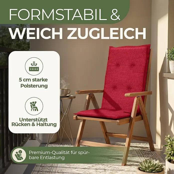 BI International Sitzauflage Florence Hochlehner Auflage - Hochlehner Gartenstühle, 6 Stk., L x B x H: 150 x 50 x 5 cm, Mischgewebe 65% Polyester, 35% Baumwolle, Rot - Rotes, formstabiles und weiches Sitzkissen auf einem Holz-Gartenstuhl für Komfort und Rückenstütze.