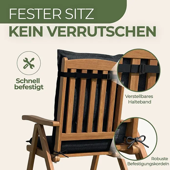 BI International Sitzauflage Florence Hochlehner Auflage - Hochlehner, 4 Stk., L x B x H: 150 x 50 x 5 cm, Mischgewebe 65% Polyester, 35% Baumwolle, Schwarz - Dunkelgraues Stuhlkissen auf Holzstuhl, mit verstellbarem Gurt und Schnüren für festen, rutschsicheren Halt.