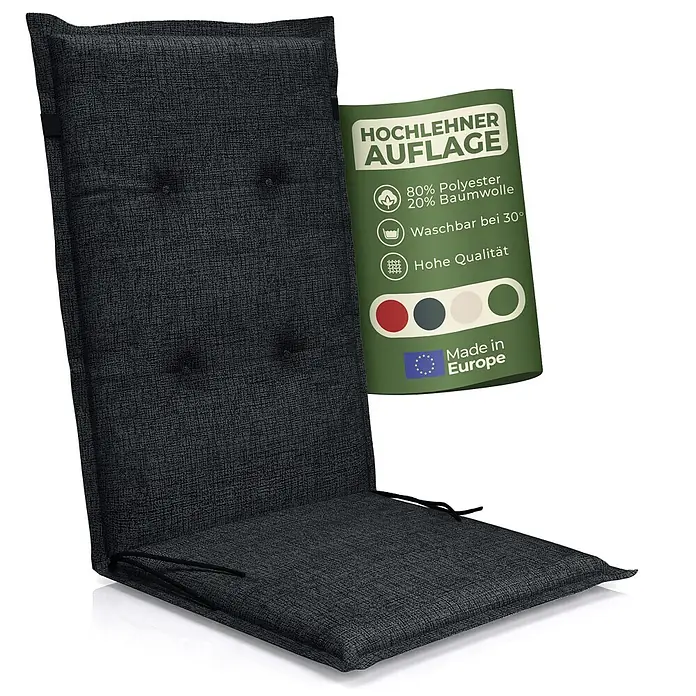 BI International Sitzauflage Florence Hochlehner Auflage - Hochlehner, 1 Stk., L x B x H: 150 x 50 x 5 cm, Mischgewebe 65% Polyester, 35% Baumwolle, Schwarz - Dunkelgraue, strukturierte Hochlehner Auflage mit Knopfheftung und Bindebändern.