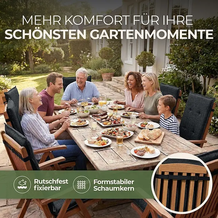 BI International Sitzauflage Florence Hochlehner Auflage - Hochlehner, 4 Stk., L x B x H: 150 x 50 x 5 cm, Mischgewebe 65% Polyester, 35% Baumwolle, Schwarz - Dunkelgraue Outdoor-Stuhlkissen mit rutschfesten Befestigungsbändern und formstabilem Schaumkern, auf Holzstühlen bei einer Gartenmahlzeit.