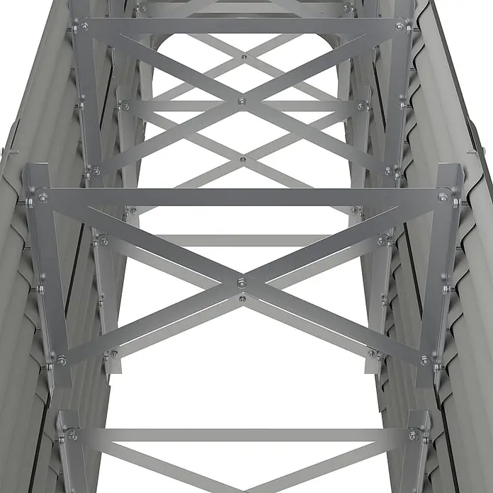 Furnicato Hochbeet - 224 x 40 x 68 cm, Stahl, Grau - Graue Metall-Scherengitterrahmenkonstruktion mit sichtbaren Schrauben, wahrscheinlich für einen Messestand.