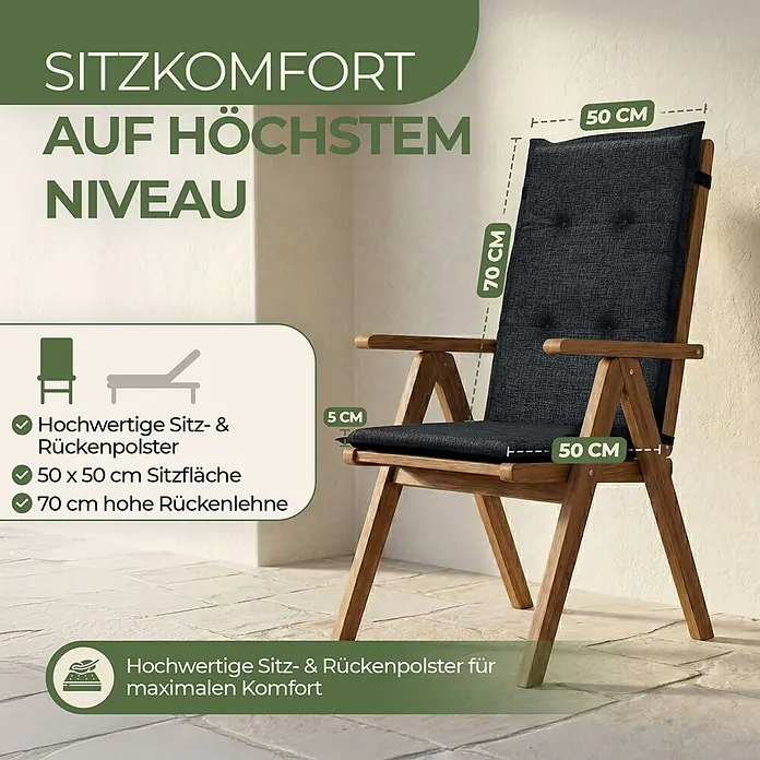 BI International Sitzauflage Florence Hochlehner Auflage - Hochlehner, 4 Stk., L x B x H: 150 x 50 x 5 cm, Mischgewebe 65% Polyester, 35% Baumwolle, Schwarz - Gartensessel aus Holz mit dunkelgrauen Kissen. 50x50 cm Sitzfläche, 70 cm Rückenlehne, 5 cm dicke, hochwertige Polsterung für maximalen Komfort.