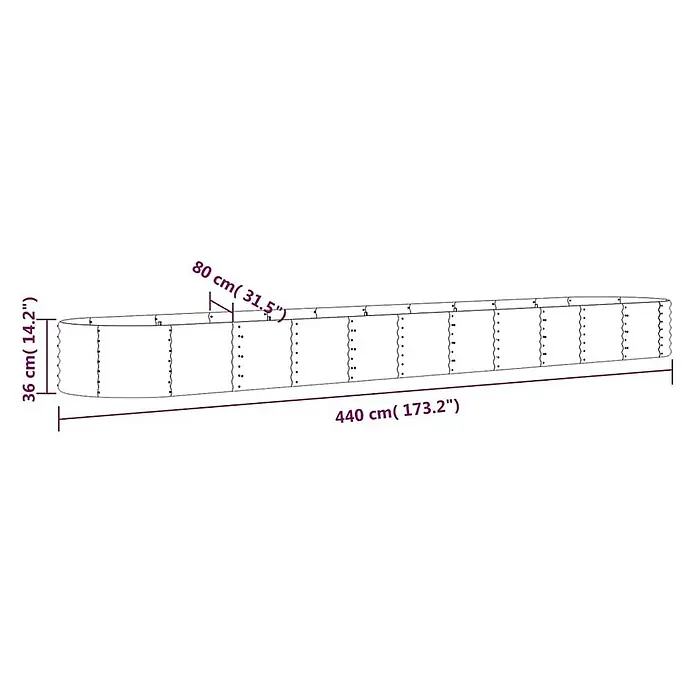 Furnicato Hochbeet - 440 x 80 x 36 cm, Stahl, Anthrazit - Langes, ovales Hochbeet, 440 cm lang und 36 cm hoch, mit sichtbaren Segmenten.