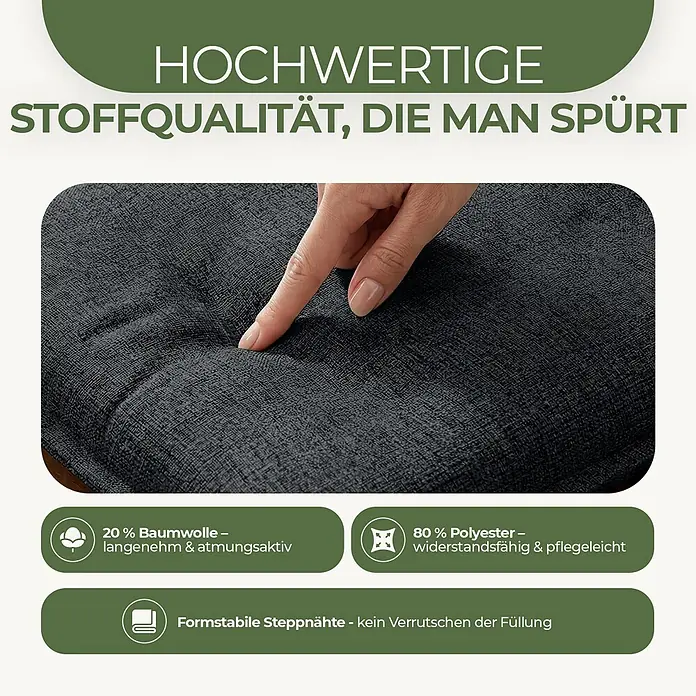BI International Sitzauflage Florence Hochlehner Auflage - Hochlehner, 4 Stk., L x B x H: 150 x 50 x 5 cm, Mischgewebe 65% Polyester, 35% Baumwolle, Schwarz - Hand drückt in ein dunkelgraues, texturiertes Kissen, das seinen weichen, hochwertigen Stoff aus 20% Baumwolle und 80% Polyester mit stabilen Steppnähten zeigt.