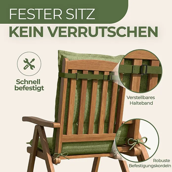 BI International Sitzauflage Florence Hochlehner Auflage - Hochlehner, 4 Stk., L x B x H: 150 x 50 x 5 cm, Mischgewebe 65% Polyester, 35% Baumwolle, Grün - Grünes Stuhlkissen auf Holzstuhl, mit verstellbarem Band und robusten Kordeln rutschfest befestigt.
