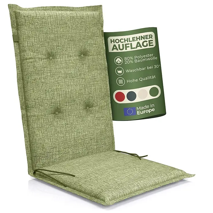 BI International Sitzauflage Florence Hochlehner Auflage - Hochlehner, 1 Stk., L x B x H: 150 x 50 x 5 cm, Mischgewebe 65% Polyester, 35% Baumwolle, Grün - Grüne, strukturierte Hochlehner-Auflage mit Knöpfen und Bändern.