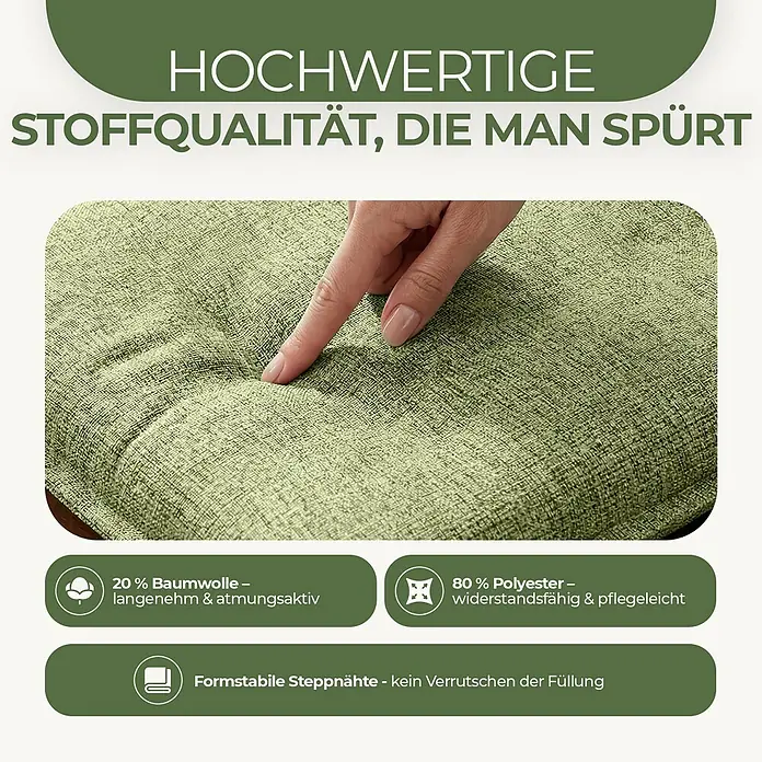 BI International Sitzauflage Florence Hochlehner Auflage - Hochlehner, 4 Stk., L x B x H: 150 x 50 x 5 cm, Mischgewebe 65% Polyester, 35% Baumwolle, Grün - Grünes, gestepptes Stoffkissen, ein Finger drückt in seine weiche, texturierte Oberfläche.