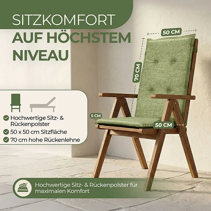 BI International Sitzauflage Florence Hochlehner Auflage - Hochlehner, 4 Stk., L x B x H: 150 x 50 x 5 cm, Mischgewebe 65% Polyester, 35% Baumwolle, Grün - Holzstuhl mit hochwertigen grünen Polstern, 50x50 cm Sitzfläche und 70 cm hoher Rückenlehne für maximalen Komfort.