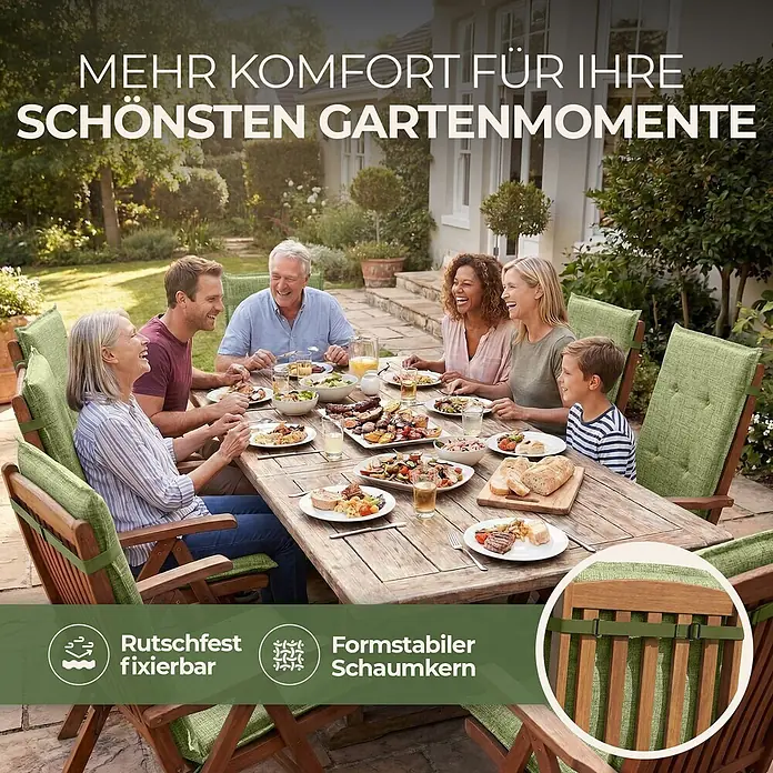 BI International Sitzauflage Florence Hochlehner Auflage - Hochlehner, 4 Stk., L x B x H: 150 x 50 x 5 cm, Mischgewebe 65% Polyester, 35% Baumwolle, Grün - Grüne, rutschfeste Gartenstuhlauflagen mit stabilem Schaumkern, an Holzstühlen bei einem Gartenessen befestigt.