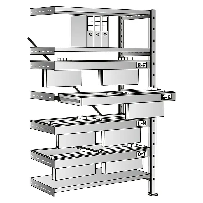 Scholz System Registraturregal Anbauelement - H x B x T: 192 x 81 x 43 cm, Traglast pro Träger: 100 kg, Stecken, Grau - Abbildung eines Regalmoduls mit beschrifteten Fächern, ideal für Büro oder Lager.\n