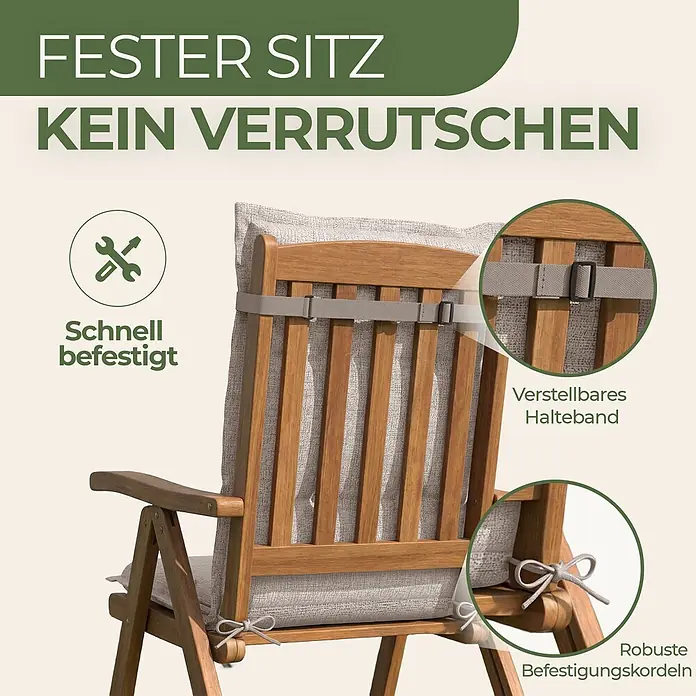 BI International Sitzauflage Florence Hochlehner Auflage - Hochlehner, 6 Stk., L x B x H: 150 x 50 x 5 cm, Mischgewebe 65% Polyester, 35% Baumwolle, Beige - Helles Stoffkissen mit verstellbarem Halteband und robusten Kordeln sicher an einem Holzstuhl befestigt. Kein Verrutschen.