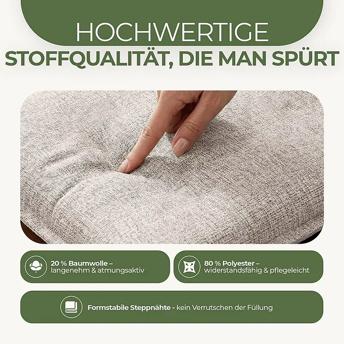 BI International Sitzauflage Florence Hochlehner Auflage - Hochlehner, 6 Stk., L x B x H: 150 x 50 x 5 cm, Mischgewebe 65% Polyester, 35% Baumwolle, Beige - Eine Hand drückt in ein weiches, hellgraues Steppkissen, das seine hochwertige Stoffqualität aus Baumwolle und Polyester hervorhebt.