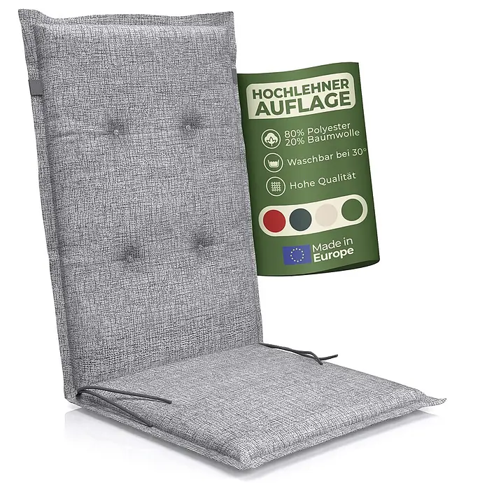 BI International Sitzauflage Florence Hochlehner Auflage - Hohclehner Gartenstühle, 1 Stk., L x B x H: 150 x 50 x 5 cm, Mischgewebe 65% Polyester, 35% Baumwolle, Grau - Graue, strukturierte Hochlehner-Auflage mit Knöpfen und Bindebändern.