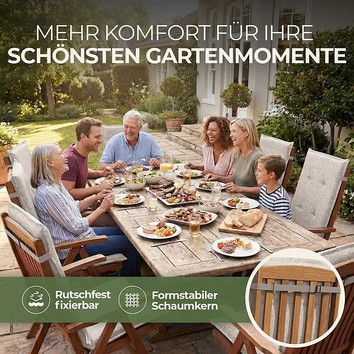BI International Sitzauflage Florence Hochlehner Auflage - Hochlehner, 6 Stk., L x B x H: 150 x 50 x 5 cm, Mischgewebe 65% Polyester, 35% Baumwolle, Beige - Fixierbare, hellgraue Gartenstuhlauflagen auf Holzstühlen, bequem und formstabil für Gartenmomente.