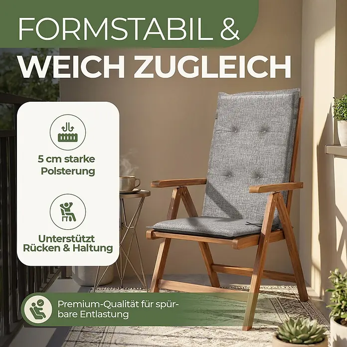 BI International Sitzauflage Florence Hochlehner Auflage - Hohclehner Gartenstühle, 1 Stk., L x B x H: 150 x 50 x 5 cm, Mischgewebe 65% Polyester, 35% Baumwolle, Grau - Gartenstuhl aus Holz mit dicker grauer Polsterauflage, für Komfort und Rückenunterstützung.