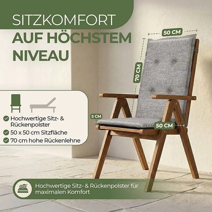 BI International Sitzauflage Florence Hochlehner Auflage - Hohclehner Gartenstühle, 1 Stk., L x B x H: 150 x 50 x 5 cm, Mischgewebe 65% Polyester, 35% Baumwolle, Grau - Gartenstuhl aus Holz mit grauen Polstern (50x50 cm Sitzfläche, 70 cm Rückenlehne, 5 cm Kissenstärke) für hohen Komfort.