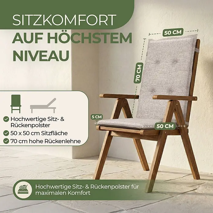 BI International Sitzauflage Florence Hochlehner Auflage - Hochlehner, 6 Stk., L x B x H: 150 x 50 x 5 cm, Mischgewebe 65% Polyester, 35% Baumwolle, Beige - Bequemer Holzstuhl mit hellgrauen Sitz- und Rückenpolstern, Armlehnen und hoher Rückenlehne.