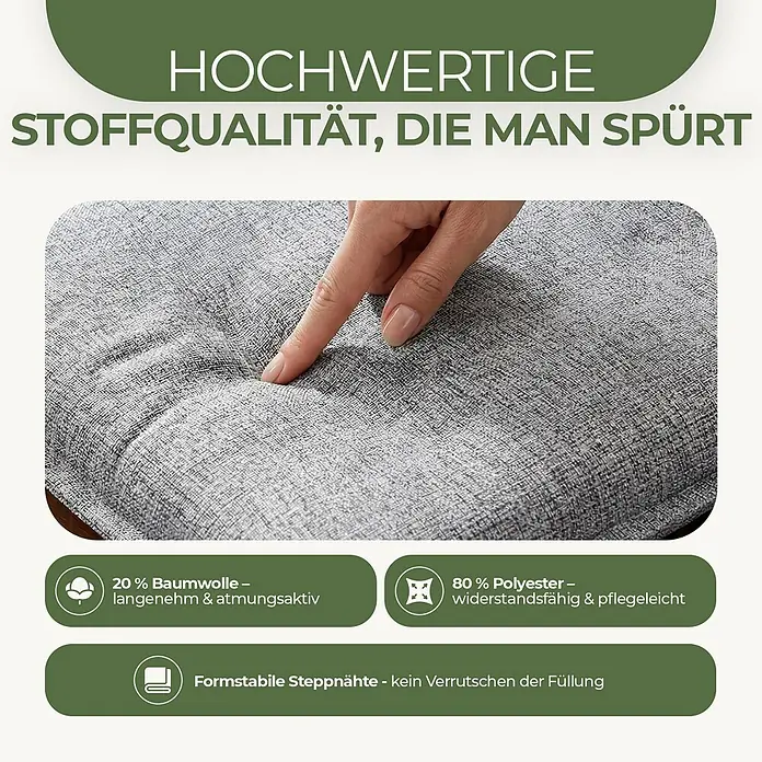 BI International Sitzauflage Florence Hochlehner Auflage - Hohclehner Gartenstühle, 1 Stk., L x B x H: 150 x 50 x 5 cm, Mischgewebe 65% Polyester, 35% Baumwolle, Grau - Nahaufnahme einer Hand, die in ein graues, strukturiertes Kissen drückt. Es zeigt das weiche, strapazierfähige Baumwoll-Polyester-Gewebe und die stabilen Steppnähte.