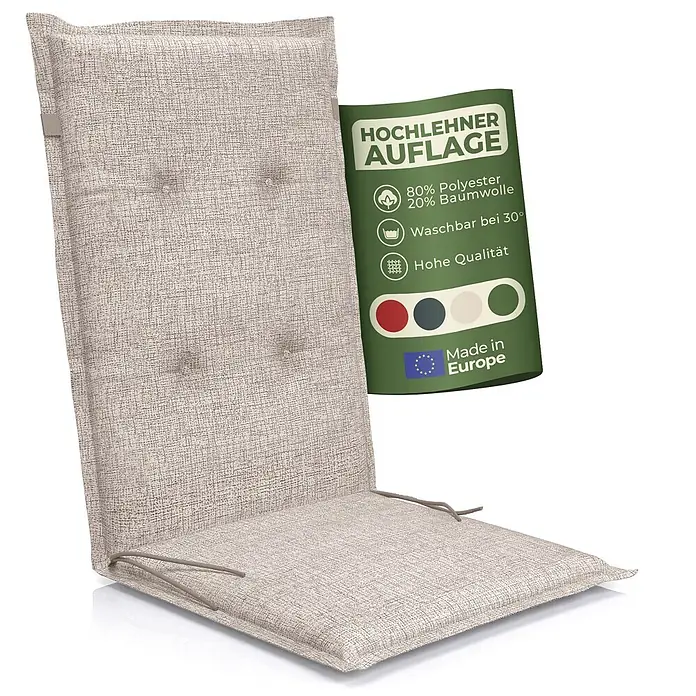 BI International Sitzauflage Florence Hochlehner Auflage - Hochlehner, 1 Stk., L x B x H: 150 x 50 x 5 cm, Mischgewebe 65% Polyester, 35% Baumwolle, Beige - Beiges, strukturiertes Hochlehner-Stuhlkissen mit Knöpfen und Bändern. Grünes Etikett zeigt Produktmerkmale.