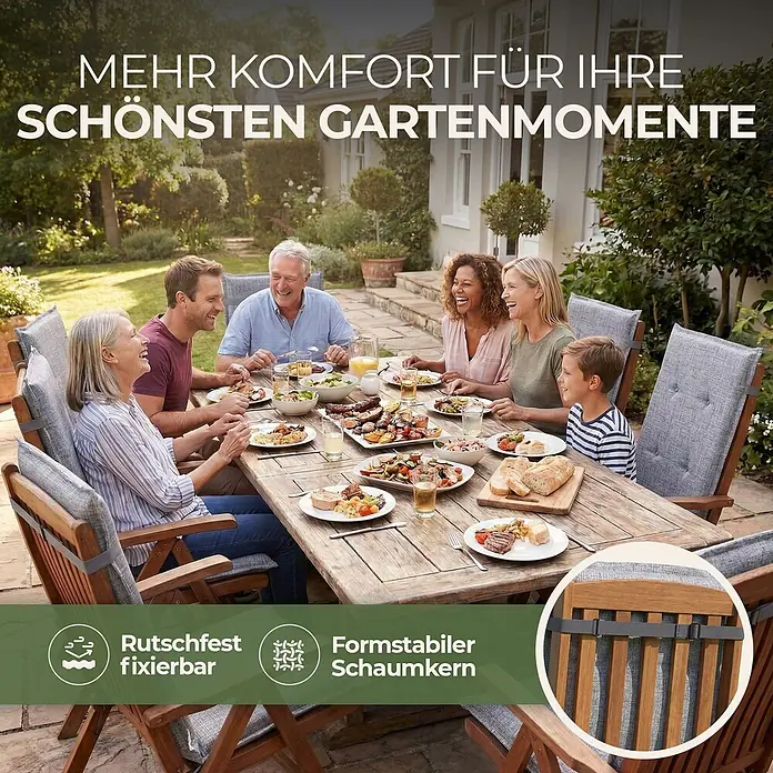BI International Sitzauflage Florence Hochlehner Auflage - Hohclehner Gartenstühle, 1 Stk., L x B x H: 150 x 50 x 5 cm, Mischgewebe 65% Polyester, 35% Baumwolle, Grau - Graue Outdoor-Sitzkissen mit rutschfesten Befestigungsbändern und formstabilem Schaumkern, auf Holzstühlen bei einem Familienessen im Garten.
