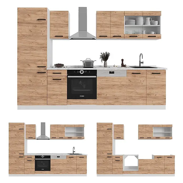 Vicco Küchenzeile R-Line Goldkraft Eiche/Weiß AP Eiche - Goldkraft Eiche, Ohne Elektrogeräte - Küchenzeile in Holzoptik mit Backofen, Kochfeld, Spüle und Dunstabzugshaube, inklusive Hochschrank und Oberschränken.