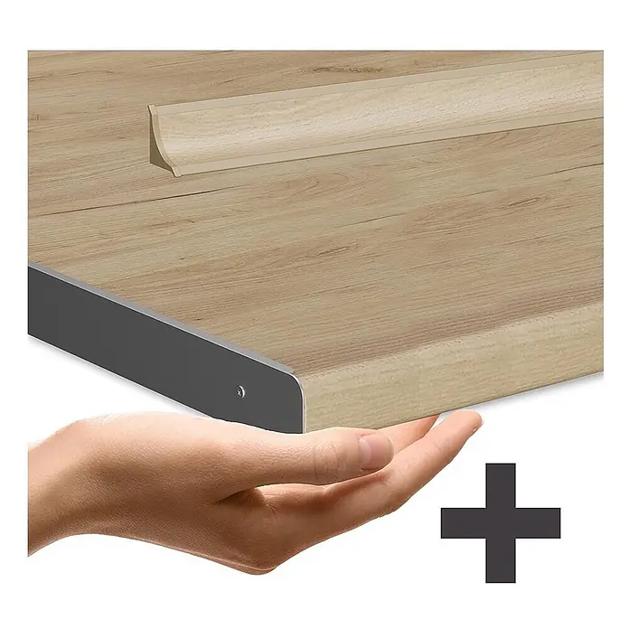 Vicco Küchenzeile R-Line Goldkraft Eiche/Weiß AP Eiche - Goldkraft Eiche, Ohne Elektrogeräte - Helle Holzmaserung Arbeitsplatte mit dunkelgrauem Kantenband und beiger Abschlussleiste.