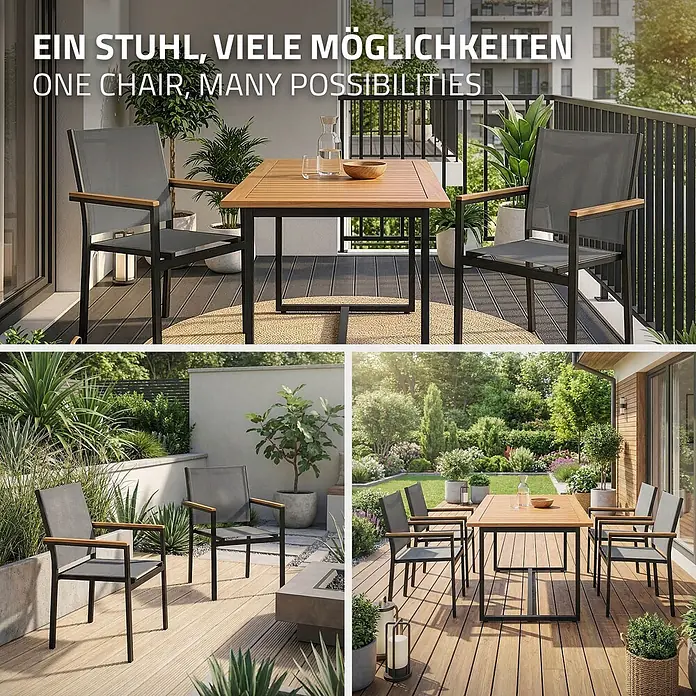 ML-Design Gartenstuhl-Set 4er Set Gartenstühle mit Armlehnen-Holzoptik - 4 Stk., Aluminium, pulverbeschichtet, Textilene (2x1), Polywood, Dunkelgrau - Moderner Gartenstuhl mit schwarzem Gestell, grauem Stoff und Holzarmlehnen, in verschiedenen Außenbereichen gezeigt.