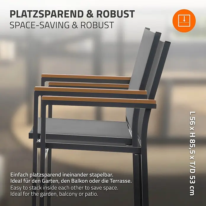 ML-Design Gartenstuhl-Set 4er Set Gartenstühle mit Armlehnen-Holzoptik - 4 Stk., Aluminium, pulverbeschichtet, Textilene (2x1), Polywood, Dunkelgrau - Zwei stapelbare Stühle aus dunklem Metall mit Holzarmlehnen.