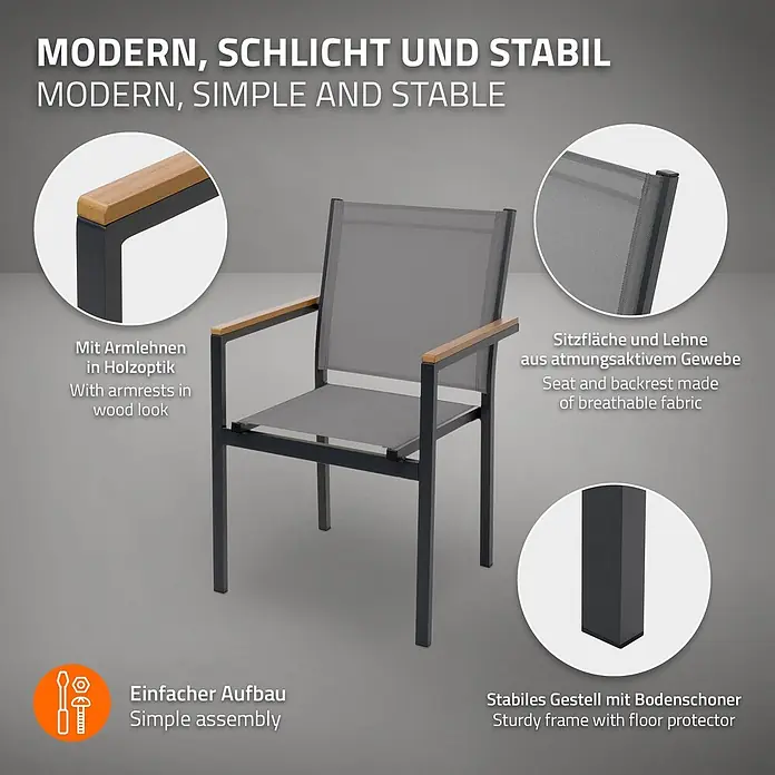 ML-Design Gartenstuhl-Set 4er Set Gartenstühle mit Armlehnen-Holzoptik - 4 Stk., Aluminium, pulverbeschichtet, Textilene (2x1), Polywood, Dunkelgrau - Moderner, stabiler dunkelgrauer Stuhl mit atmungsaktivem Stoffbezug und Armlehnen in Holzoptik.