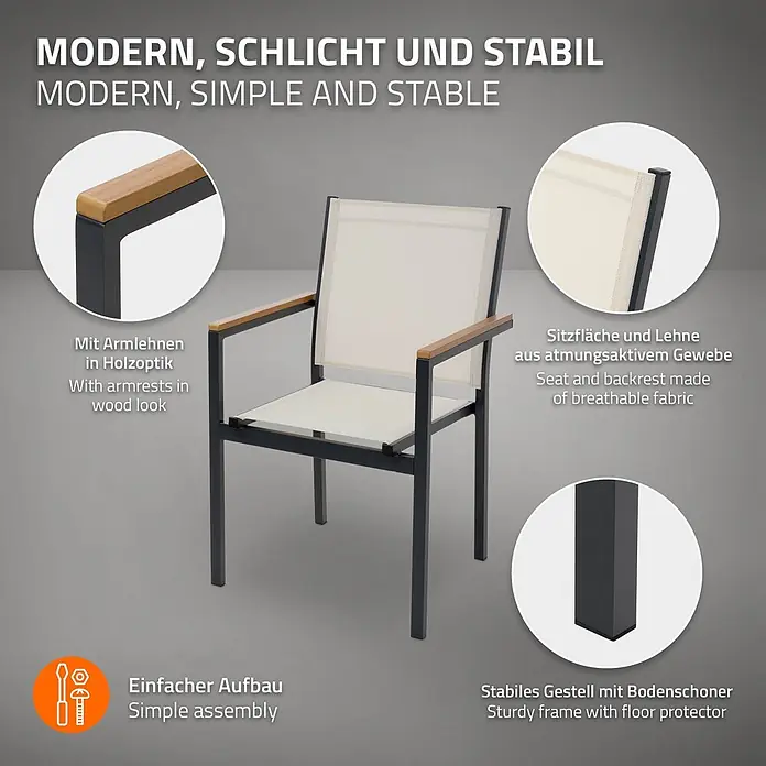 ML-Design Gartenstuhl-Set 2er Set Gartenstühle mit Armlehnen-Holzoptik - 2 Stk., Aluminium, pulverbeschichtet, Textilene (2x1), Polywood, Beige - Moderner Terrassenstuhl mit dunklem Metallgestell, heller, atmungsaktiver Stoffbespannung und Armlehnen in Holzoptik.