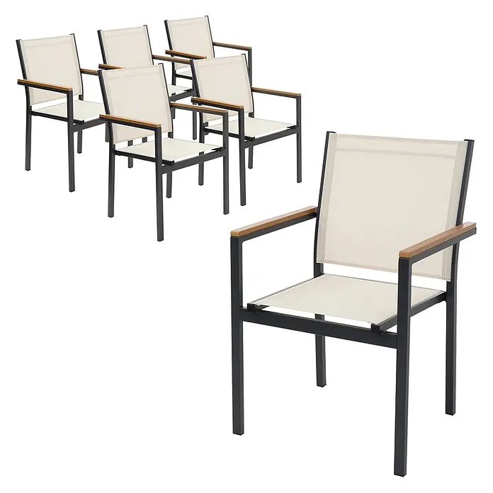 ML-Design Gartenstuhl-Set 6er Set Gartenstühle mit Armlehnen-Holzoptik - 6 Stk., Aluminium, pulverbeschichtet, Textilene (2x1), Polywood, Beige - Gartensessel-Set mit dunklen Metallrahmen, beigen Sling-Stoff-Sitzen und -Rückenlehnen sowie Holzarmlehnen.