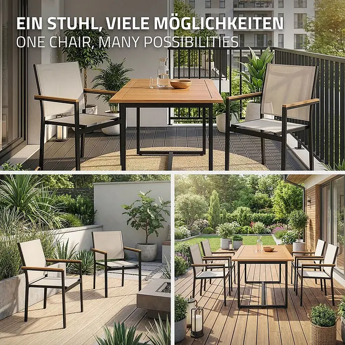 ML-Design Gartenstuhl-Set 2er Set Gartenstühle mit Armlehnen-Holzoptik - 2 Stk., Aluminium, pulverbeschichtet, Textilene (2x1), Polywood, Beige - Gartenstuhl mit schwarzem Gestell, Holzarmlehnen und hellem Stoffbezug, kombiniert mit passendem Holztisch in verschiedenen Garten- und Balkonumgebungen.