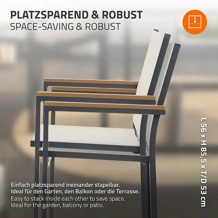 ML-Design Gartenstuhl-Set 2er Set Gartenstühle mit Armlehnen-Holzoptik - 2 Stk., Aluminium, pulverbeschichtet, Textilene (2x1), Polywood, Beige - Stapelbare Terrassenstühle mit grauem Gestell, weißen Sitzen und Holzarmlehnen, platzsparend gestapelt.