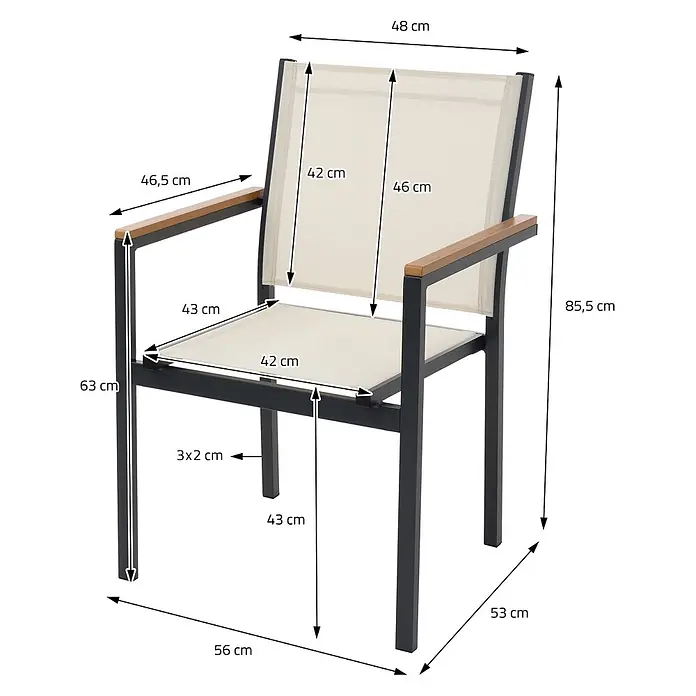 ML-Design Gartenstuhl-Set 2er Set Gartenstühle mit Armlehnen-Holzoptik - 2 Stk., Aluminium, pulverbeschichtet, Textilene (2x1), Polywood, Beige - Dunkelgrauer Gartenstuhl mit beigem Stoff und Holzarmlehnen, Maße angezeigt.