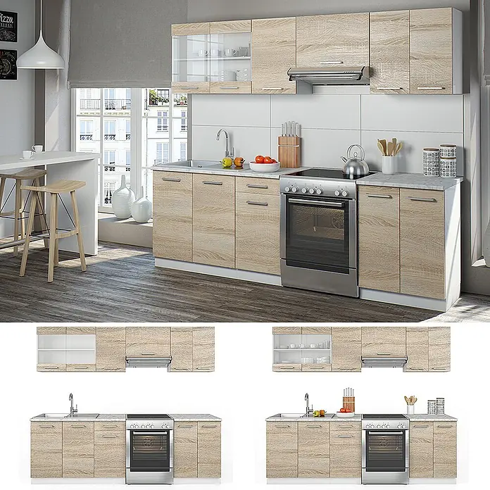 Vicco Küchenzeile Raul Sonoma/Weiß, AP Marmor mit LED-Leisten - Sonoma, Ohne Elektrogeräte - Modulküche mit hellen Holzfronten, weißer Arbeitsplatte, Spüle, Herd und Backofen aus Edelstahl. Mit Oberschränken mit Glastüren.