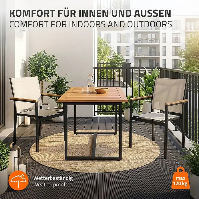 ML-Design Gartenstuhl-Set 2er Set Gartenstühle mit Armlehnen-Holzoptik - 2 Stk., Aluminium, pulverbeschichtet, Textilene (2x1), Polywood, Beige - Balkonmöbel-Set: Holztisch und 2 Stühle mit hellem Stoff und Metallgestell. Für Innen & Außen, wetterbeständig, Stühle bis 120 kg.
