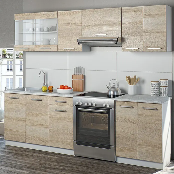 Vicco Küchenzeile Raul Sonoma/Weiß, AP Marmor mit LED-Leisten - Sonoma, Ohne Elektrogeräte - Helle Holzküche mit modernen Schränken, hellen Arbeitsplatten, Spüle und Herd.