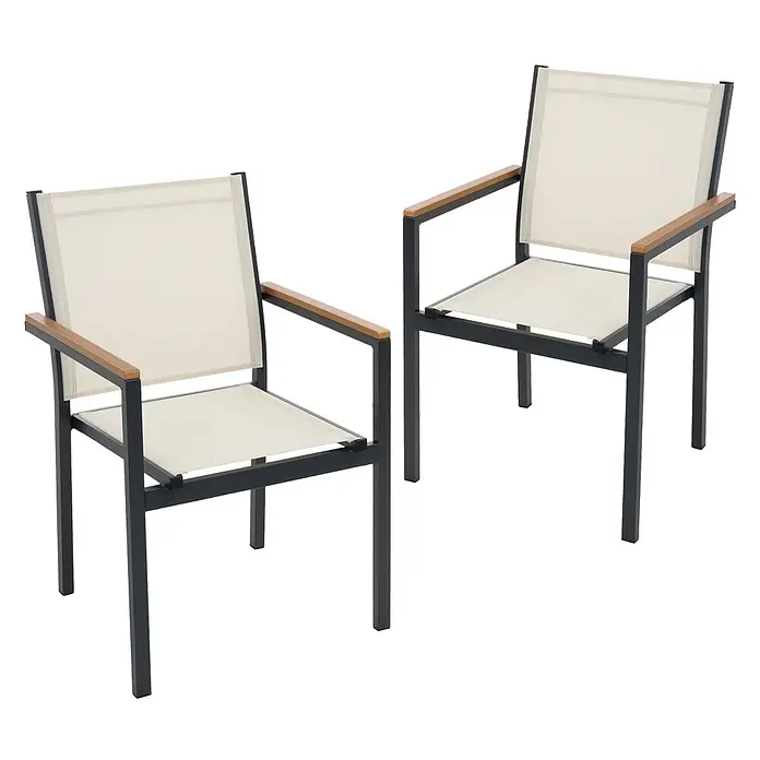 ML-Design Gartenstuhl-Set 2er Set Gartenstühle mit Armlehnen-Holzoptik - 2 Stk., Aluminium, pulverbeschichtet, Textilene (2x1), Polywood, Beige - Zwei moderne Gartenstühle mit dunkelgrauem Gestell, beigefarbenen Netzbezügen und Holzarmlehnen.