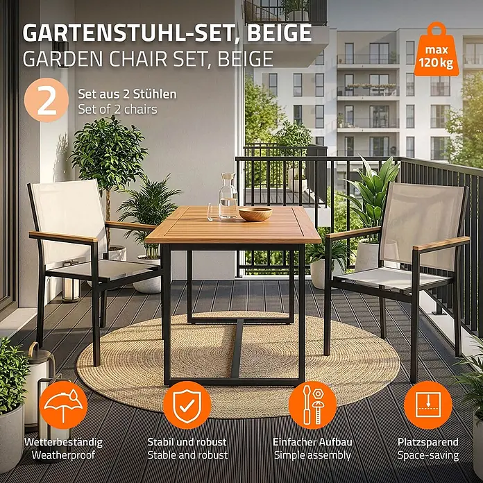 ML-Design Gartenstuhl-Set 2er Set Gartenstühle mit Armlehnen-Holzoptik - 2 Stk., Aluminium, pulverbeschichtet, Textilene (2x1), Polywood, Beige - Beiges Gartensessel-Set mit zwei Stühlen und einem braunen Holztisch auf einem Balkon.