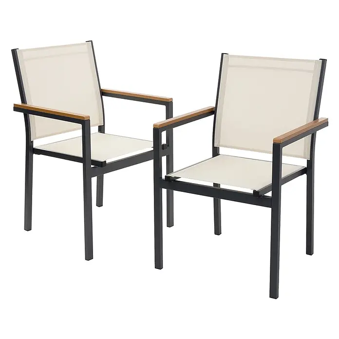 ML-Design Gartenstuhl-Set 2er Set Gartenstühle mit Armlehnen-Holzoptik - 2 Stk., Aluminium, pulverbeschichtet, Textilene (2x1), Polywood, Beige - Zwei Gartenstühle mit dunklen Metallrahmen, cremefarbenen Textilsitzen und Rückenlehnen sowie Holzarmlehnen.